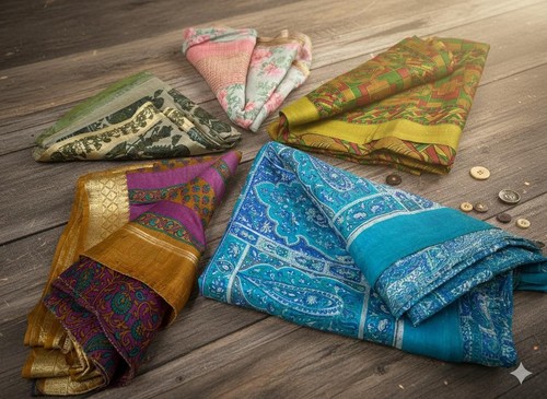 Sanskriti Vintage Saree Recycled Pure Crepe Silk Multicolor Fabric Lot of 5