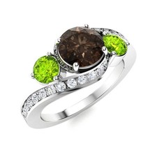 925 Sterling Silver Three Stone 5MM Round Smoky Quartz  Peridot Ring For Women
