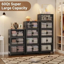 3 Tier Stackable Storage Bins with Wheels, Folding Plastic Drawer Organizer