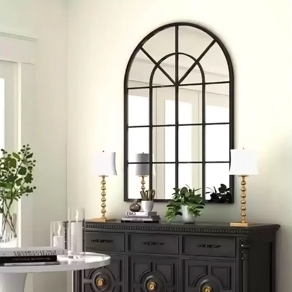 106 cm Extra Large black metal framed window style wall mirror paned glass retro - Image 2 of 4