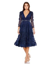 Mac Duggal 67809 Floral Embroidered Sequin Midi Gown SZ 6 Navy