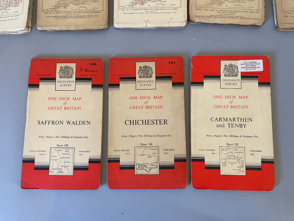 Ordnance Survey Maps 7th series 1950/60s One Inch vintage Maps X12
