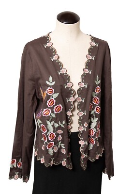 BOSTON PROPER ARTSY OPEN FONT Embroidered Peacock & Flowers Scallop Jacket L LG