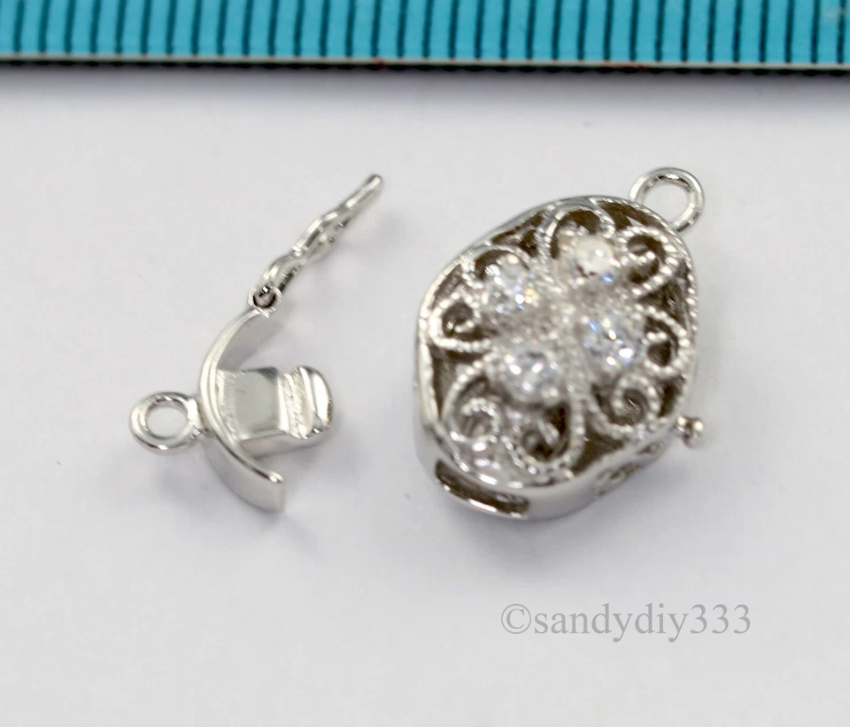 1x  Rhodium plated STERLING SILVER CZ CRYSTAL OVAL 1-strand BOX CLASP 14mm #3118 - Image 4 of 4