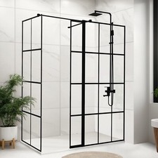 Premium Black Grid Shower Screen 8mm Tempered Glass Bath Screen Easy Clean