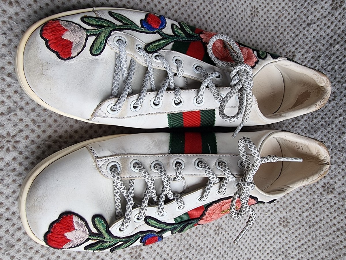 Gucci Ace Web Floral Embroidered White Leather Sneakers 39 G | eBay