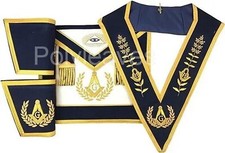 91 Masonic Master Mason Apron,Cuff and Collar Set Navy Velvet White Leather New