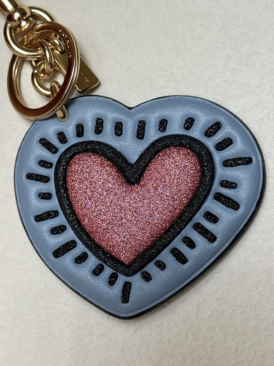 NEW COACH X KEITH HARING BLUE/PINK GLITTER HEART BAG CHARM