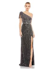 New Mac Duggal Women Black One Shoulder Pearl Embellished Beaded Gown Size 8