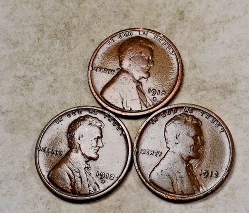 1912+1912-D+1912-S Lincoln Wheat Cent Penny Lot* Fine/VF * 3 Coin Set * XWL721