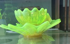 Fostoria Heirloom Uranium Vaseline Opalscent 9 Sunburst Candleholder and Charm