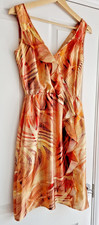 Womens Satin Sleeveless Dress UK8 Fit Flare Ruffle Orange Yellow Swirl Print