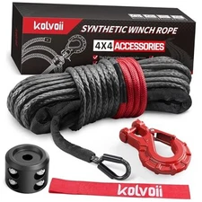  Synthetic Winch Rope Kit 9,650lbs Winch Cable 1/4" x 50ft Grey Rope, Red Hook
