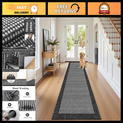Durable 2'x10' Hallway Runner Rug - Non-Slip Entryway Mat, Washable Black Kitche