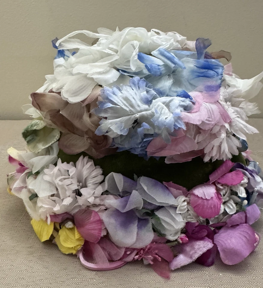 Chapéu flor milenar vintage meados do século 50-60 faixa de veludo núcleo de casa de campo flor - Imagem 2 de 4