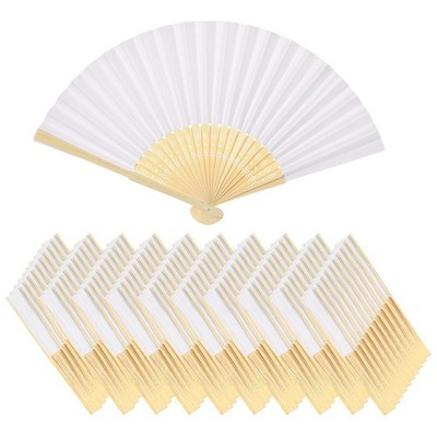 Folding Handheld Fans100 Pcs,  White Paper Fan with Bamboo White
