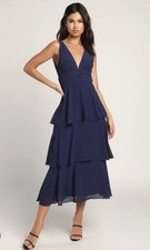 Lulus Navy Blue Chiffon Maxi Dress Layered Ruffle V-Neck Strappy Sleeveless M