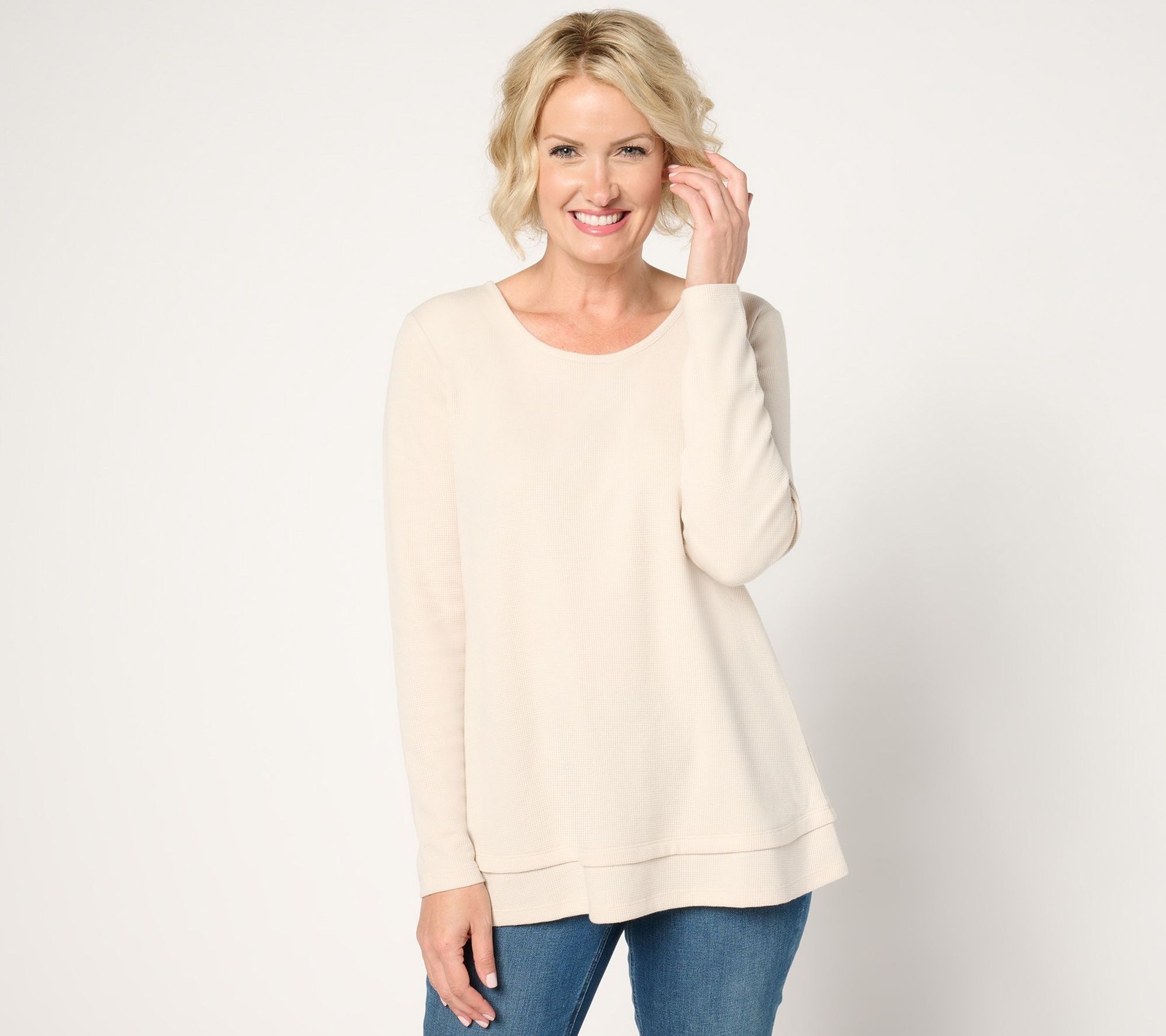 Denim & Co. Women's Top Plus Sz 3X Essentials Waffle Knit Scoop White A627198