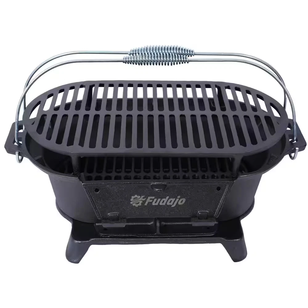 Oval Cast Iron Grill Outdoor, Portable Charcoal Grill and Tabletop Cast Iron Ski