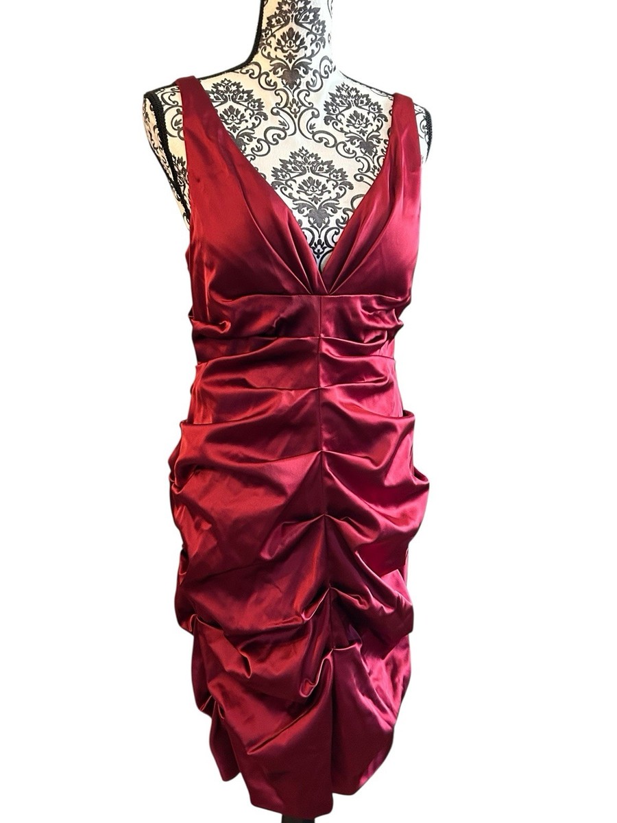Xscape Joanna Chen Burgundy Satin Ruched Bodycon Dress Sleeveless V-Neck Size 16 Xscape Joanna Chen Burgundy Satin Ruched Bodycon Dress Sleeveless V-Neck Size 16