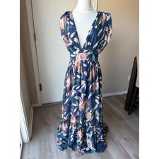Fashion Nova Navy Blue Peacock Feather Floral Maxi Dress DM1885A Size M
