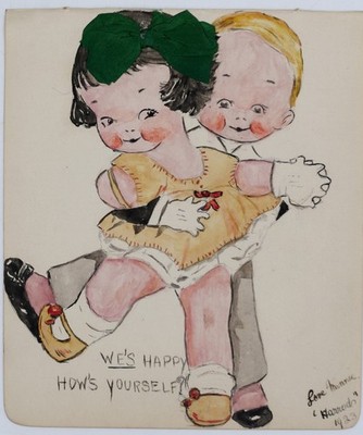 1923 Flapper Girl & Boy Cartoon Watercolor  We s Happy  Signed Love Hunnie