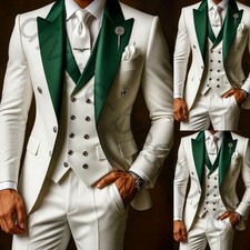 Ivory Men's Suits Green Peak Lapel Formal Wedding Groom Tuxedo 3Pieces Slim Fit