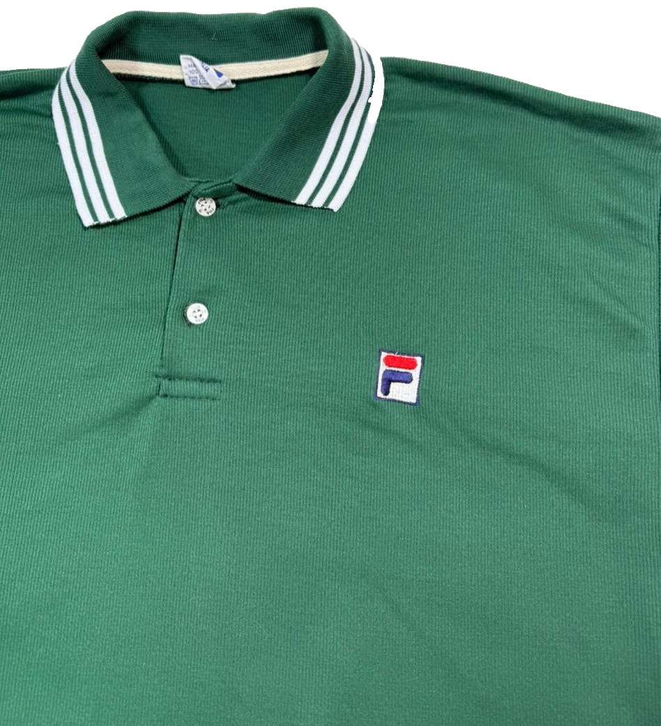 Fila Green Cotton Polo Shirt With White And Navy Striped Collar - Size L image 5