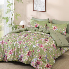 Sage Green and Pink Floral Comforter Set Queen Size Bed in a Bag 7 Piece, Cottag