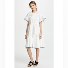 ULLA JOHNSON Rosemarie Embroidered Dress Sz 0 White Tiered Flutter Sleeve Black