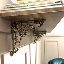 2; Gold Shelf Brackets 8 Inch Heavy Duty Antique Gold Brass Wall Braces Baroque
