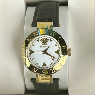 Versace 34mm XLQ Swiss Quartz Medusa Watch. White Dial. Date. Black Leather Band