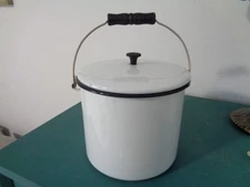 Vintage Enamelware Pot w/Lid Black Rimmed with Wood Handle 6.5" X 7.5" Diameter