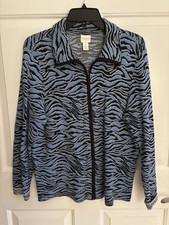 Weekends By Chicos Blue/Black Zebra Print Zip-up 100 Cotton Jacket, Sz 12