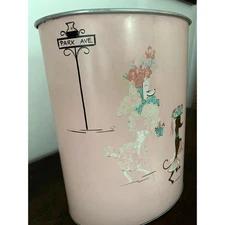 1950's Ransburg Poodle Pink Retro Shabby Metal Trash Can Pink