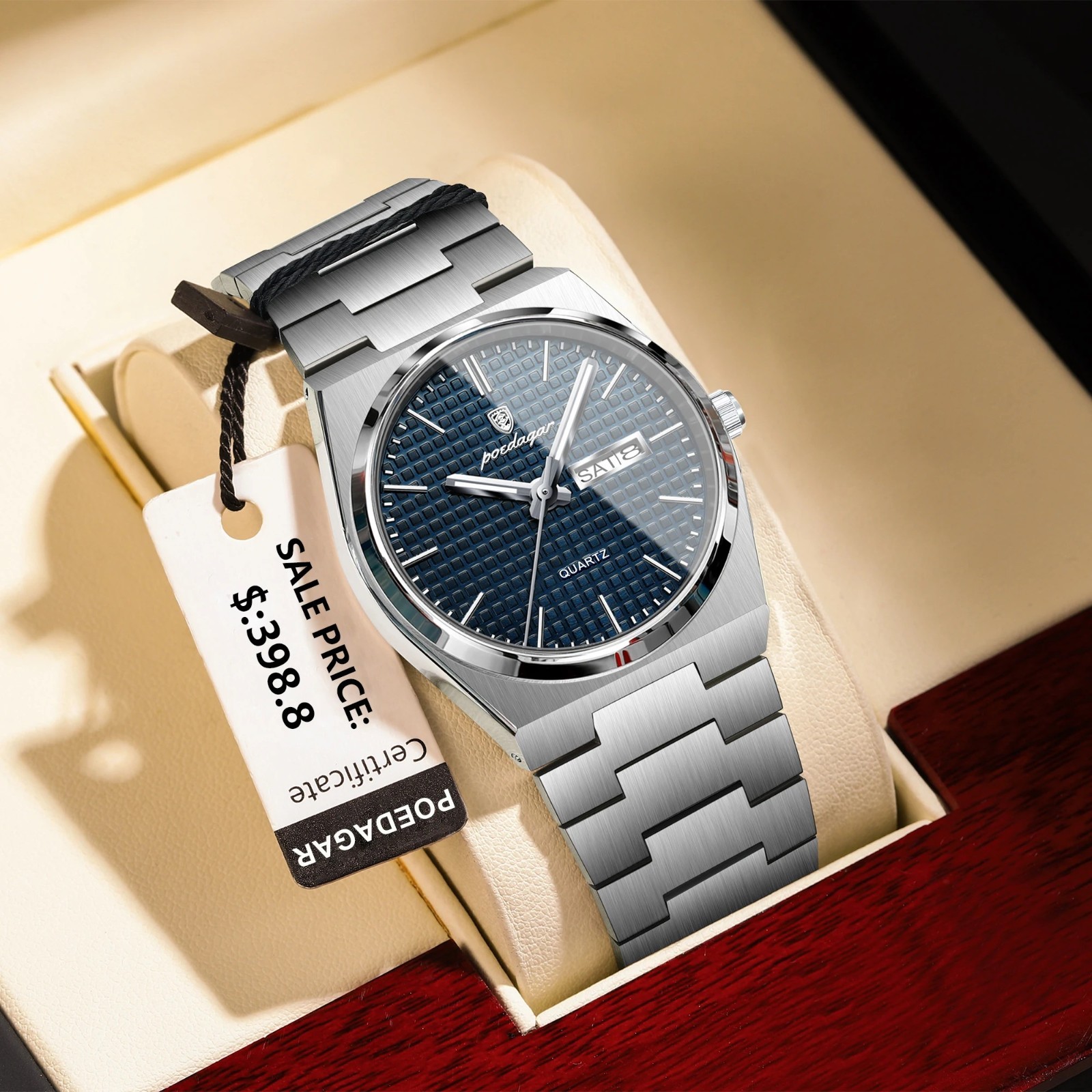 Montre quartz de luxe homme en acier avec date et index luminescents