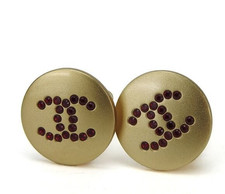 Vintage Chanel CC Logo Clip On Earrings Gold Burgundy Red Crystal