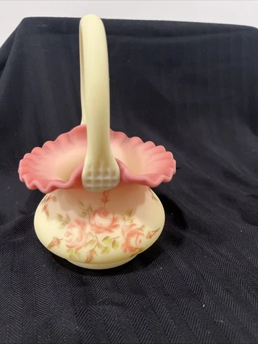Fenton Burmese Glass Hand Painted Artist Signed Roses Basket Vintage Glows