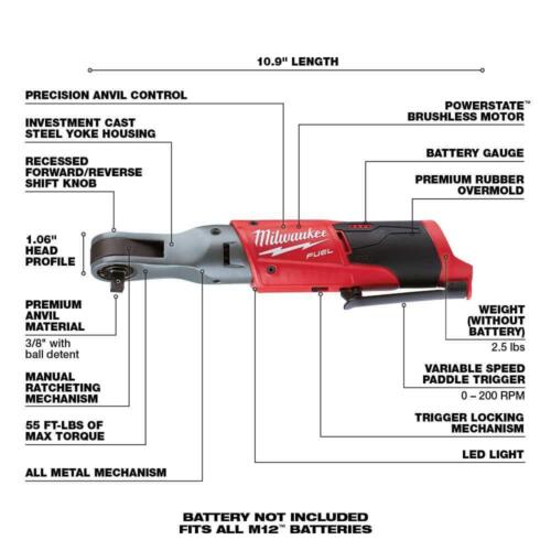 Milwaukee Power Tool Combo Kit 12V Li-Ion Brushless Ratchet 200Rpm+Led(ToolOnly) - Picture 3 of 10