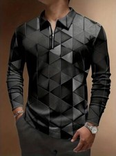 Polo Shirt Geometric Black Gray Long Sleeve Zipper Collar Fashion Men Golf Sport