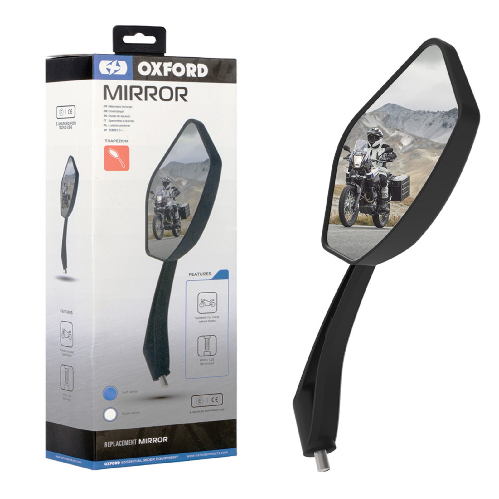 Oxford Motorcycle Mirror Trapezium Left Motorbike 10mm RH Thread Black E-Marked