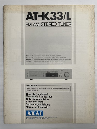 AKAI AT-K33/L Stereo Tuner Owner User Manual Operating Instructions