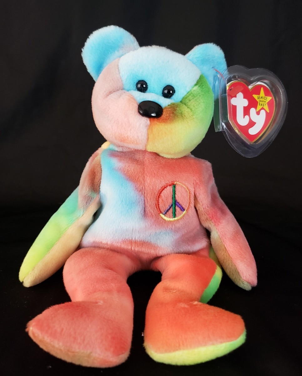 Bear 4053 Tie Dye Peace Style 4053 Beanie Baby Value Rare Vintage Peace  Bear 1996 Retired TY Rainbow Tie Dye Beanie Baby W/ Errors