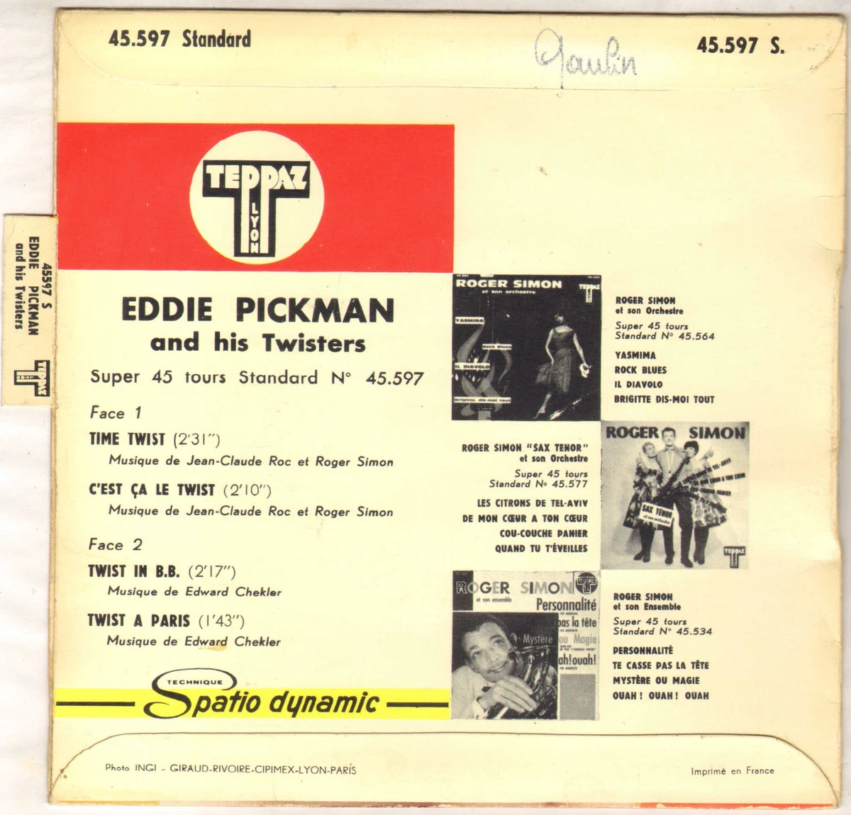 EDDIE PICKMAN & HIS TWISTERS "TWISTEZ AVEC MOI" EP 1961 TEPPAZ 45.597