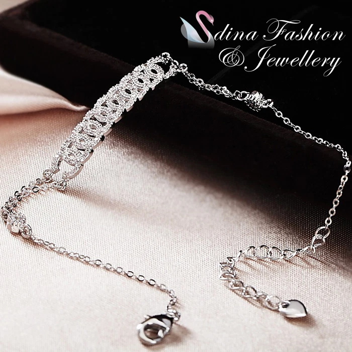 18K White Gold Plated Cubic Zirconia Exquisite Linked Circles Strip Bracelet Foto 2 de 4