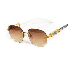 Mens Orange Gradient Tint Rimless Gold Frame Hip Hop Marble Arm Sunglasses