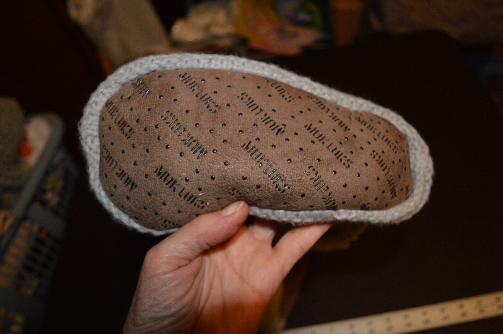 MUK LUKS Women's Faux Fur Lined Sweater Slip Resistant Slippers Gray