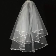 White Wedding Veil,2 Tier Ribbon Edge Center Cascade Bridal Veil with Comb...