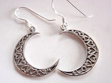 Crescent Moon 925 Sterling Silver Drop Earrings with Hearts
