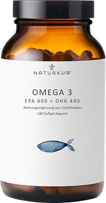 Naturkur  Omega-3 180 Fischöl Kapseln Apothekerglas EPA 660mg DHA 440mg Portion